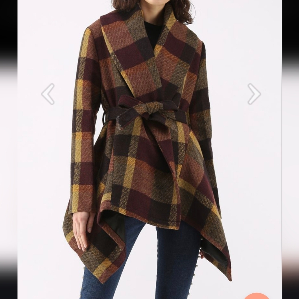 Chicwish Prairie Rabato Wrap Fall Coat Jacket Wool Burgundy/Mustard Yellow Plaid - Picture 10 of 14